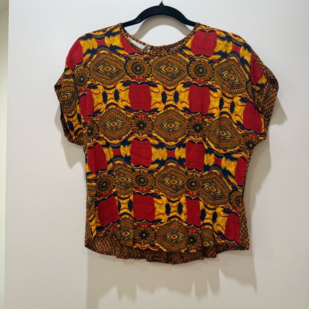 Vibrant Red and Yellow Women's Blouse Boho, Eclectic Geometric Artsy Retro